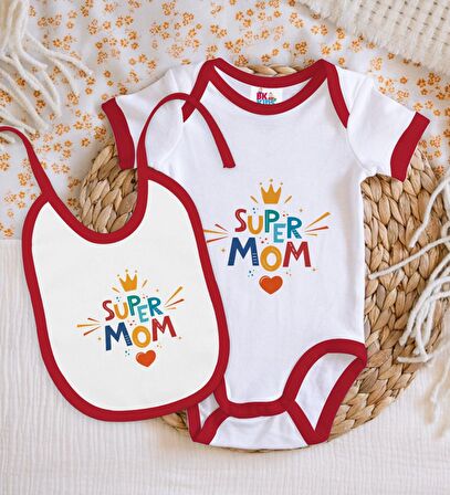 BK Kids Super Mom Tasarımlı Kırmızı Bebek Body Zıbın ve Mama Önlüğü Hediye Seti-1