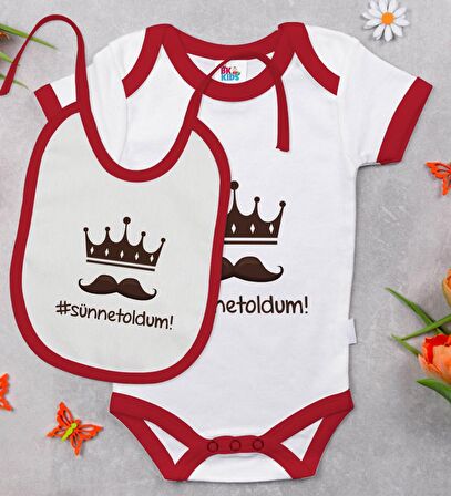 BK Kids Sünnet Oldum Tasarımlı Kırmızı Bebek Body Zıbın ve Mama Önlüğü Hediye Seti-1