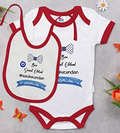 BK Kids Sünnet Tasarımlı Kırmızı Bebek Body Zıbın ve Mama Önlüğü Hediye Seti-2