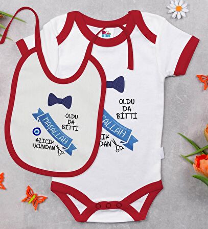BK Kids Sünnet Tasarımlı Kırmızı Bebek Body Zıbın ve Mama Önlüğü Hediye Seti-3