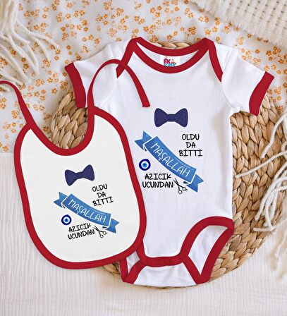 BK Kids Sünnet Tasarımlı Kırmızı Bebek Body Zıbın ve Mama Önlüğü Hediye Seti-3