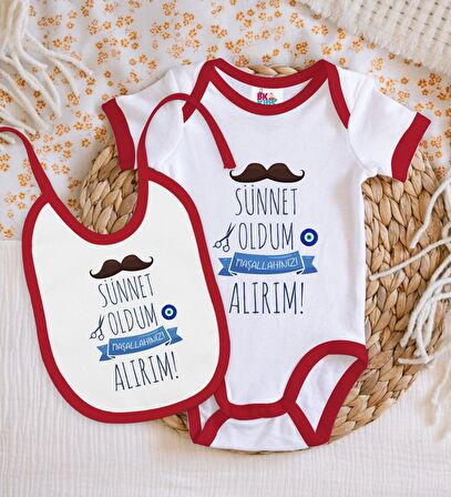 BK Kids Sünnet Tasarımlı Kırmızı Bebek Body Zıbın ve Mama Önlüğü Hediye Seti-6