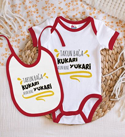 BK Kids Takun Bağa Kukari Tasarımlı Kırmızı Bebek Body Zıbın ve Mama Önlüğü Hediye Seti-1