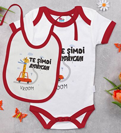BK Kids Te Şimdi Tasarımlı Kırmızı Bebek Body Zıbın ve Mama Önlüğü Hediye Seti-1