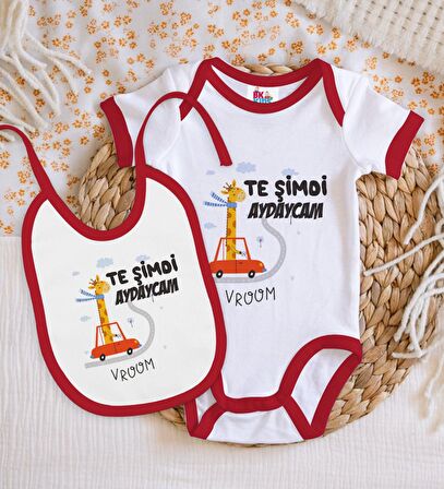 BK Kids Te Şimdi Tasarımlı Kırmızı Bebek Body Zıbın ve Mama Önlüğü Hediye Seti-1