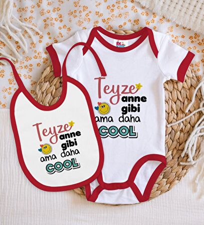 BK Kids Teyze Anne Gibi Tasarımlı Kırmızı Bebek Body Zıbın ve Mama Önlüğü Hediye Seti-1