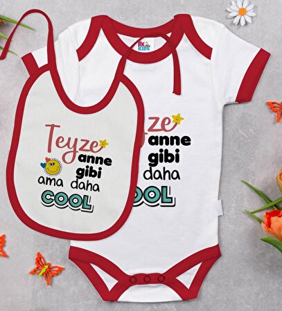 BK Kids Teyze Anne Gibi Tasarımlı Kırmızı Bebek Body Zıbın ve Mama Önlüğü Hediye Seti-1