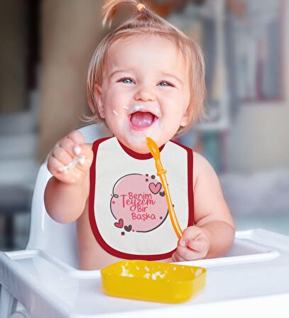 BK Kids Teyzem Bir Başka Tasarımlı Kırmızı Bebek Body Zıbın ve Mama Önlüğü Hediye Seti-1