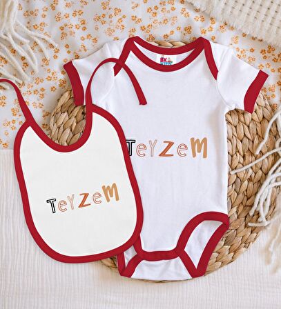 BK Kids Teyzem Tasarımlı Kırmızı Bebek Body Zıbın ve Mama Önlüğü Hediye Seti-1