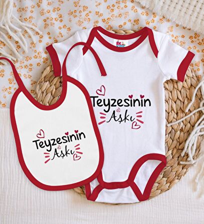 BK Kids Teyzesinin Aşkı Tasarımlı Kırmızı Bebek Body Zıbın ve Mama Önlüğü Hediye Seti-1