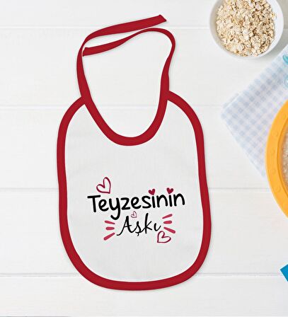 BK Kids Teyzesinin Aşkı Tasarımlı Kırmızı Bebek Body Zıbın ve Mama Önlüğü Hediye Seti-1