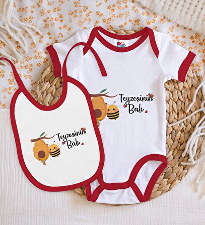 BK Kids Teyzesinin Balı Tasarımlı Kırmızı Bebek Body Zıbın ve Mama Önlüğü Hediye Seti-1