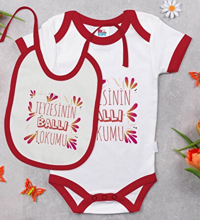 BK Kids Teyzesinin Ballı Lokumu Tasarımlı Kırmızı Bebek Body Zıbın ve Mama Önlüğü Hediye Seti-1