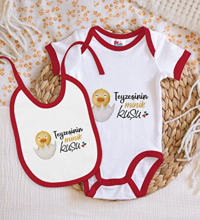 BK Kids Teyzesinin Minik Kuşu Tasarımlı Kırmızı Bebek Body Zıbın ve Mama Önlüğü Hediye Seti-1