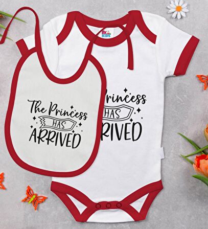BK Kids Princess Has Arrived Tasarımlı Kırmızı Bebek Body Zıbın ve Mama Önlüğü Hediye Seti-1