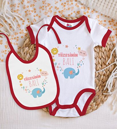 BK Kids Tiizesinin Balı Tasarımlı Kırmızı Bebek Body Zıbın ve Mama Önlüğü Hediye Seti-1
