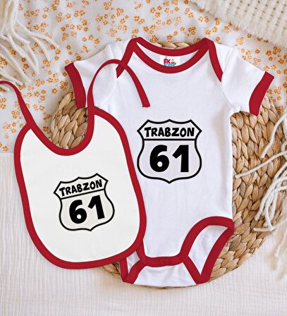 BK Kids Trabzon Tasarımlı Kırmızı Bebek Body Zıbın ve Mama Önlüğü Hediye Seti-1