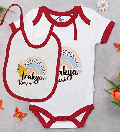 BK Kids Trakya Kızçesi Tasarımlı Kırmızı Bebek Body Zıbın ve Mama Önlüğü Hediye Seti