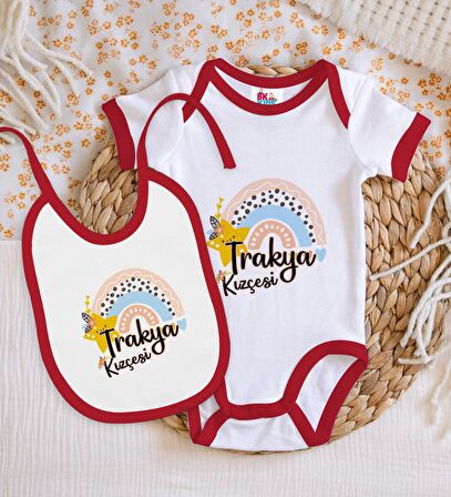 BK Kids Trakya Kızçesi Tasarımlı Kırmızı Bebek Body Zıbın ve Mama Önlüğü Hediye Seti
