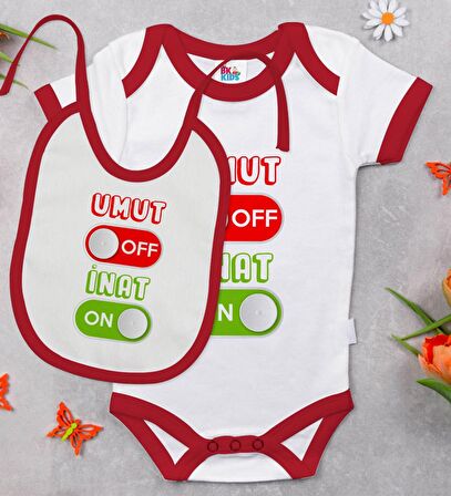 BK Kids Umut Off Tasarımlı Kırmızı Bebek Body Zıbın ve Mama Önlüğü Hediye Seti-1