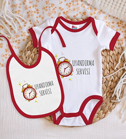 BK Kids Uyandırma Servisi Tasarımlı Kırmızı Bebek Body Zıbın ve Mama Önlüğü Hediye Seti-1