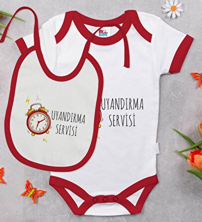 BK Kids Uyandırma Servisi Tasarımlı Kırmızı Bebek Body Zıbın ve Mama Önlüğü Hediye Seti-1