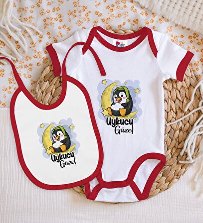 BK Kids Uykucu Güzel Tasarımlı Kırmızı Bebek Body Zıbın ve Mama Önlüğü Hediye Seti-1