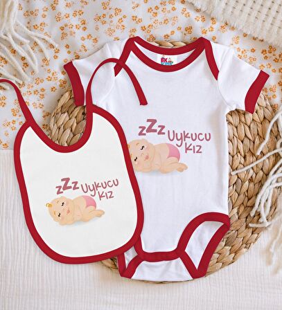 BK Kids Uykucu Kız Tasarımlı Kırmızı Bebek Body Zıbın ve Mama Önlüğü Hediye Seti-1