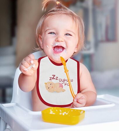 BK Kids Uykucu Kız Tasarımlı Kırmızı Bebek Body Zıbın ve Mama Önlüğü Hediye Seti-1