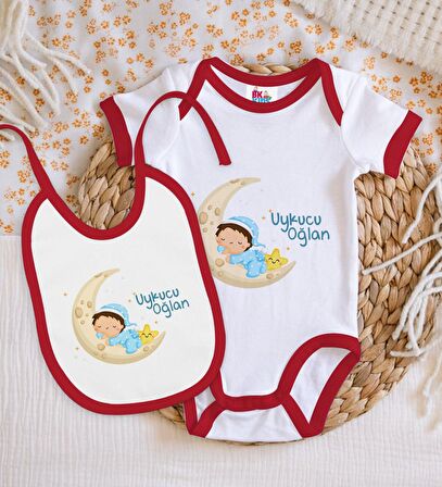 BK Kids Uykucu Oğlan Tasarımlı Kırmızı Bebek Body Zıbın ve Mama Önlüğü Hediye Seti-1