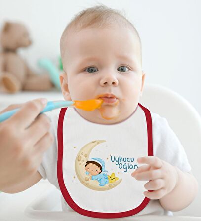 BK Kids Uykucu Oğlan Tasarımlı Kırmızı Bebek Body Zıbın ve Mama Önlüğü Hediye Seti-1