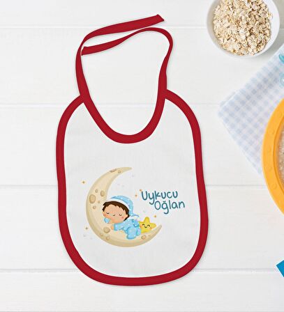 BK Kids Uykucu Oğlan Tasarımlı Kırmızı Bebek Body Zıbın ve Mama Önlüğü Hediye Seti-1