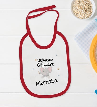 BK Kids Uykusuz Gecelere Merhaba Tasarımlı Kırmızı Bebek Body Zıbın ve Mama Önlüğü Hediye Seti-1