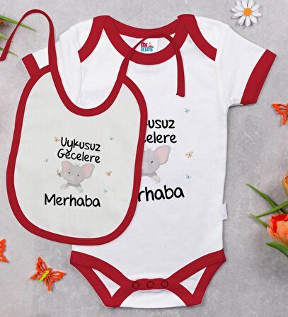 BK Kids Uykusuz Gecelere Merhaba Tasarımlı Kırmızı Bebek Body Zıbın ve Mama Önlüğü Hediye Seti-1