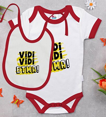 BK Kids Vidi Vidi Etma Tasarımlı Kırmızı Bebek Body Zıbın ve Mama Önlüğü Hediye Seti-1