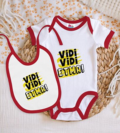 BK Kids Vidi Vidi Etma Tasarımlı Kırmızı Bebek Body Zıbın ve Mama Önlüğü Hediye Seti-1