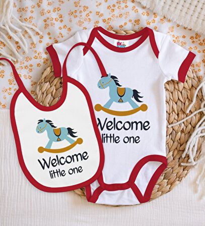 BK Kids Welcome Little One Tasarımlı Kırmızı Bebek Body Zıbın ve Mama Önlüğü Hediye Seti-1