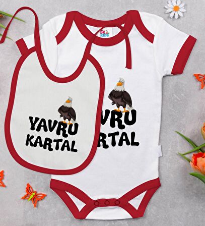 BK Kids Yavru Kartal Tasarımlı Kırmızı Bebek Body Zıbın ve Mama Önlüğü Hediye Seti-1