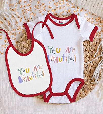 BK Kids You Are Beautiful Tasarımlı Kırmızı Bebek Body Zıbın ve Mama Önlüğü Hediye Seti-1