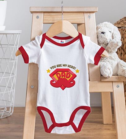 BK Kids You Are My Hero Dad Tasarımlı Kırmızı Bebek Body Zıbın ve Mama Önlüğü Hediye Seti-1