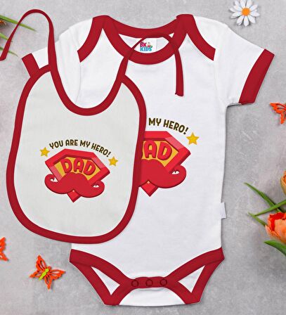 BK Kids You Are My Hero Dad Tasarımlı Kırmızı Bebek Body Zıbın ve Mama Önlüğü Hediye Seti-1