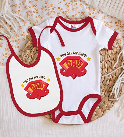 BK Kids You Are My Hero Dad Tasarımlı Kırmızı Bebek Body Zıbın ve Mama Önlüğü Hediye Seti-1