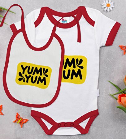 BK Kids Yum Yum Tasarımlı Kırmızı Bebek Body Zıbın ve Mama Önlüğü Hediye Seti-1