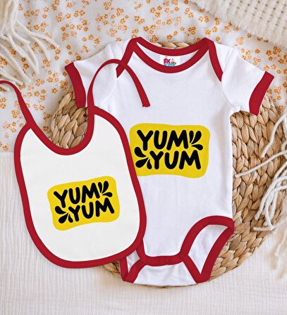 BK Kids Yum Yum Tasarımlı Kırmızı Bebek Body Zıbın ve Mama Önlüğü Hediye Seti-1