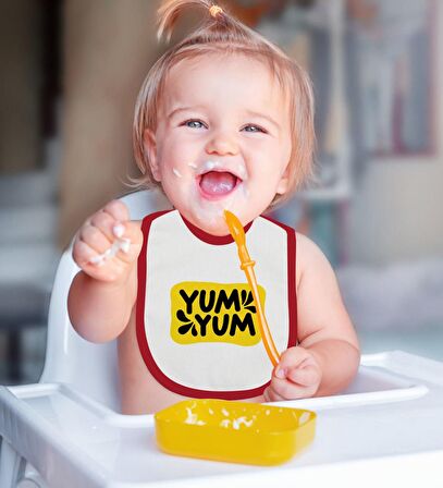 BK Kids Yum Yum Tasarımlı Kırmızı Bebek Body Zıbın ve Mama Önlüğü Hediye Seti-1