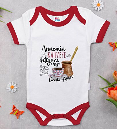 BK Kids Kişiye Özel Annemin Kahveye İhtiyacı Var Tasarımlı Kırmızı Bebek Body Zıbın-1