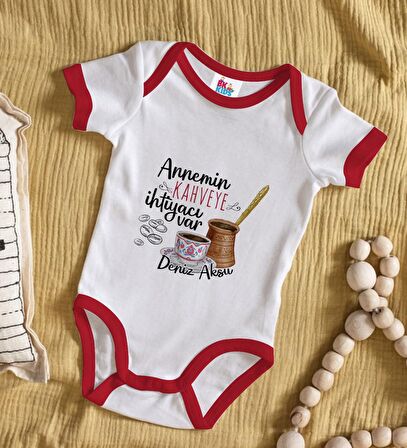 BK Kids Kişiye Özel Annemin Kahveye İhtiyacı Var Tasarımlı Kırmızı Bebek Body Zıbın-1
