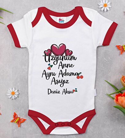 BK Kids Kişiye Özel Aynı Adama Aşığız Tasarımlı Kırmızı Bebek Body Zıbın-1