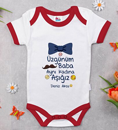 BK Kids Kişiye Özel Aynı Kadına Aşığız Tasarımlı Kırmızı Bebek Body Zıbın-1