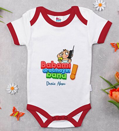 BK Kids Kişiye Özel Babamı Aratmayın Bana Tasarımlı Kırmızı Bebek Body Zıbın-1